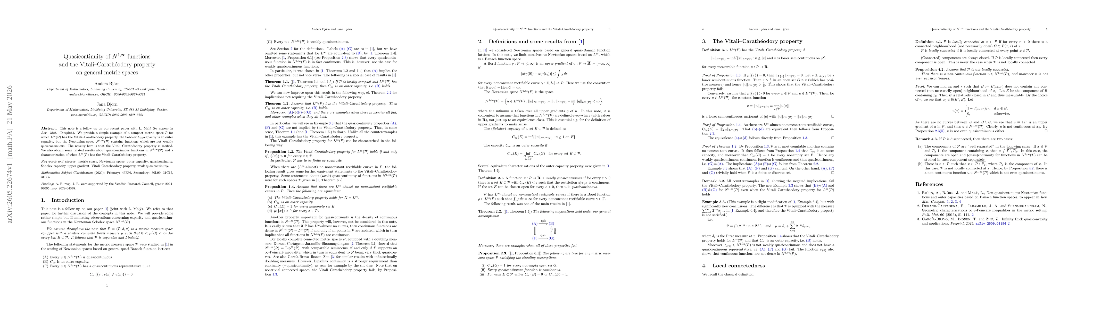 Thumbnail for Quasicontinuity of $N^{1,\infty}$ functions and the Vitali-Carathéodory property on general metric spaces