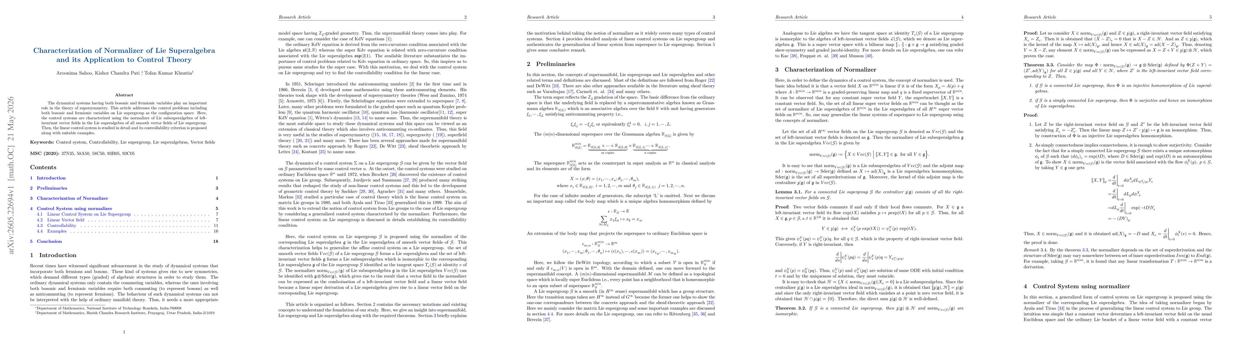 Thumbnail for Characterization of Normalizer of Lie Superalgebra and its Application to Control Theory