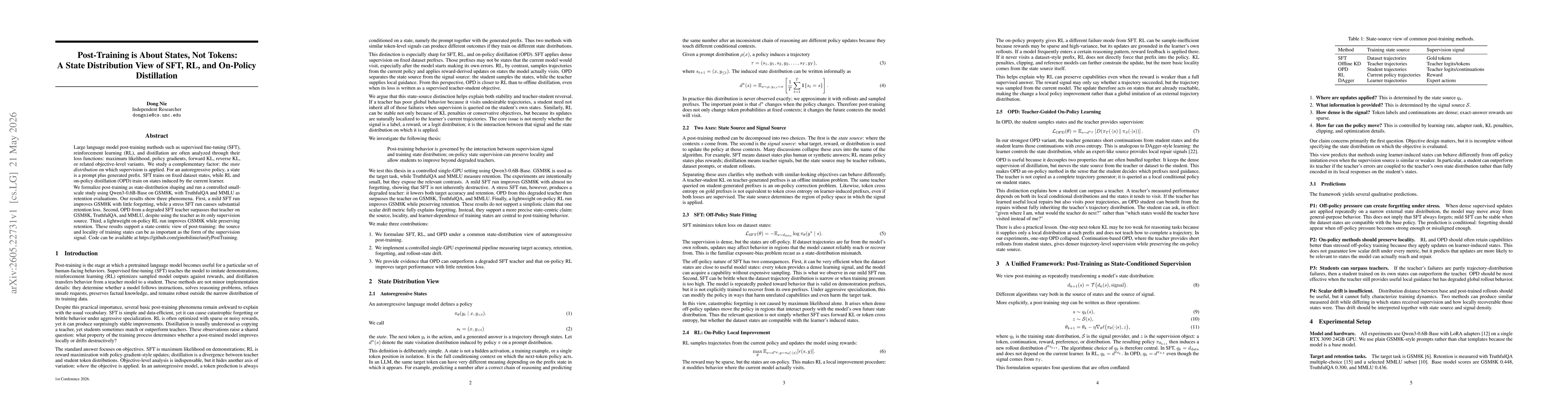 Thumbnail for Post-Training is About States, Not Tokens: A State Distribution View of SFT, RL, and On-Policy Distillation