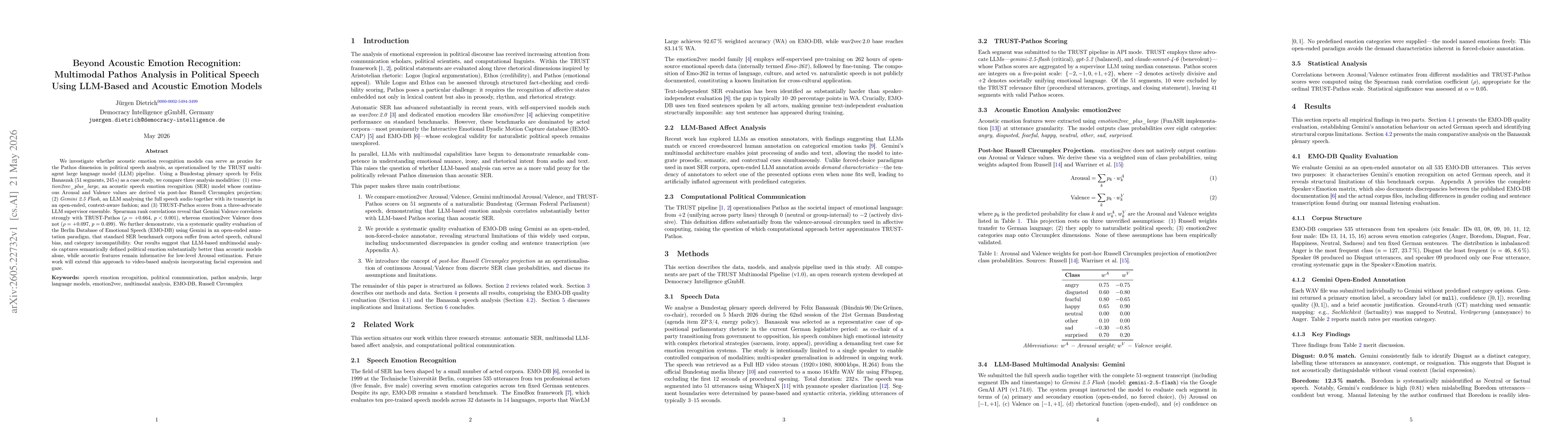 Thumbnail for Beyond Acoustic Emotion Recognition: Multimodal Pathos Analysis in Political Speech Using LLM-Based and Acoustic Emotion Models