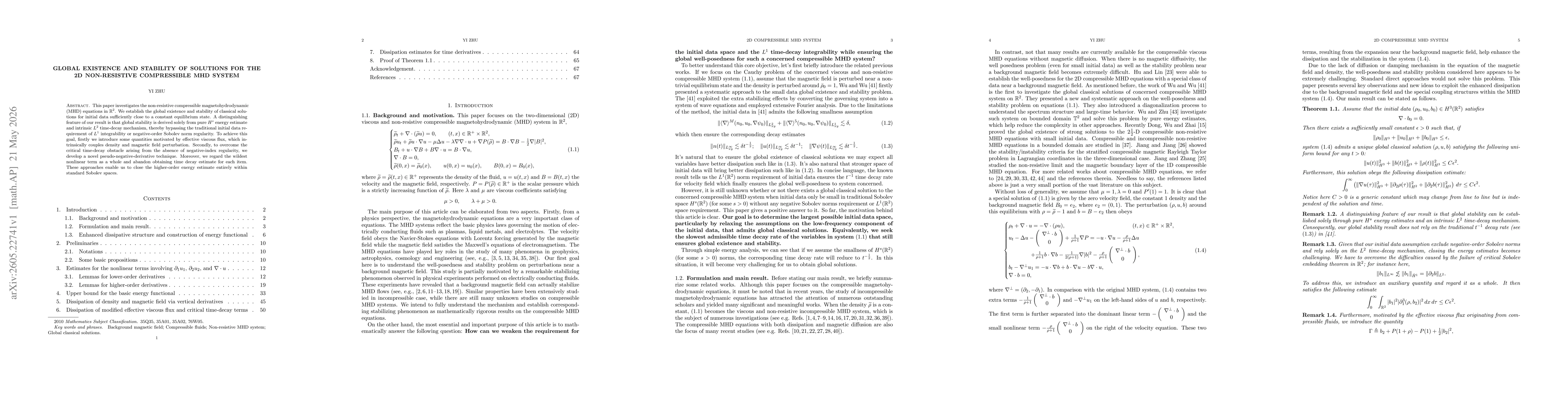 Thumbnail for Global existence and stability of solutions for the 2D non-resistive compressible MHD system