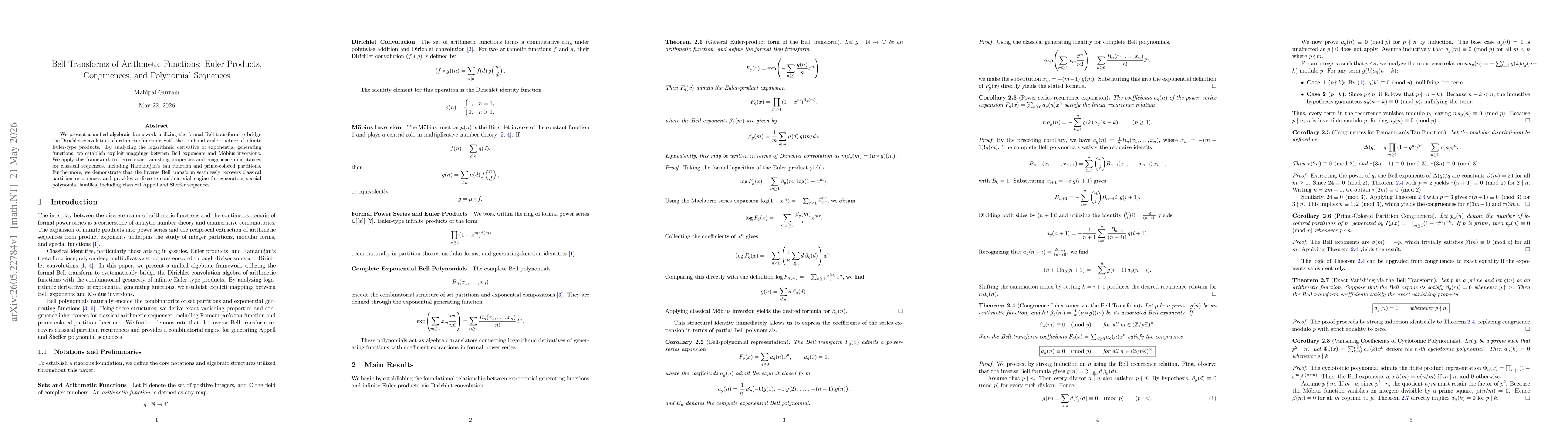 Thumbnail for Bell Transforms of Arithmetic Functions: Euler Products, Congruences, and Polynomial Sequences