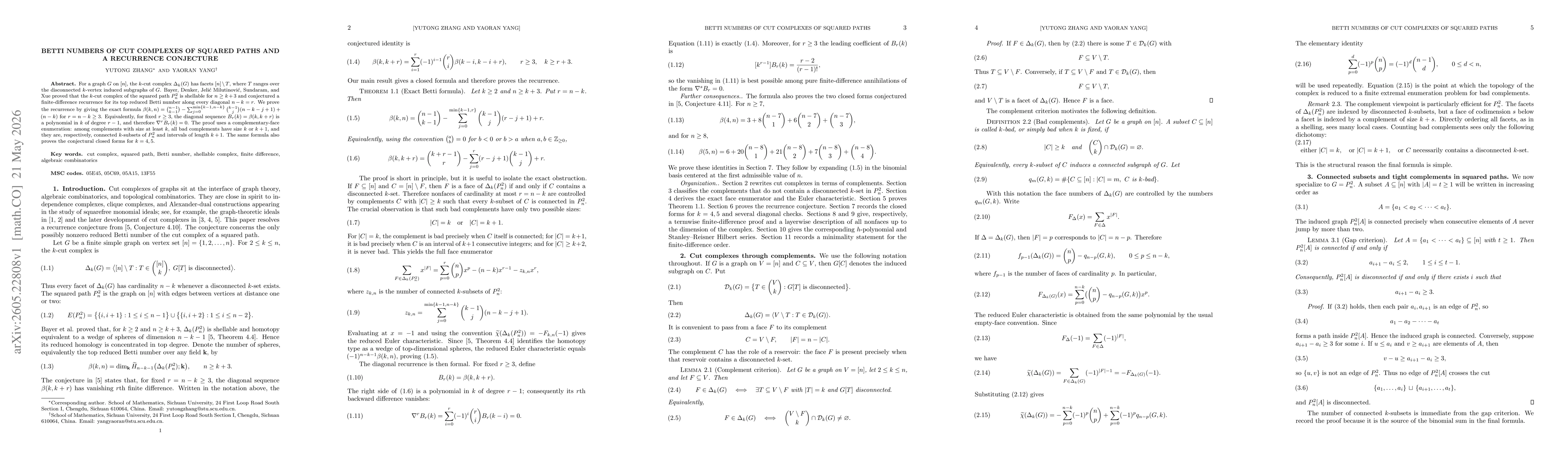 Thumbnail for Betti Numbers of Cut Complexes of Squared Paths and a Recurrence Conjecture
