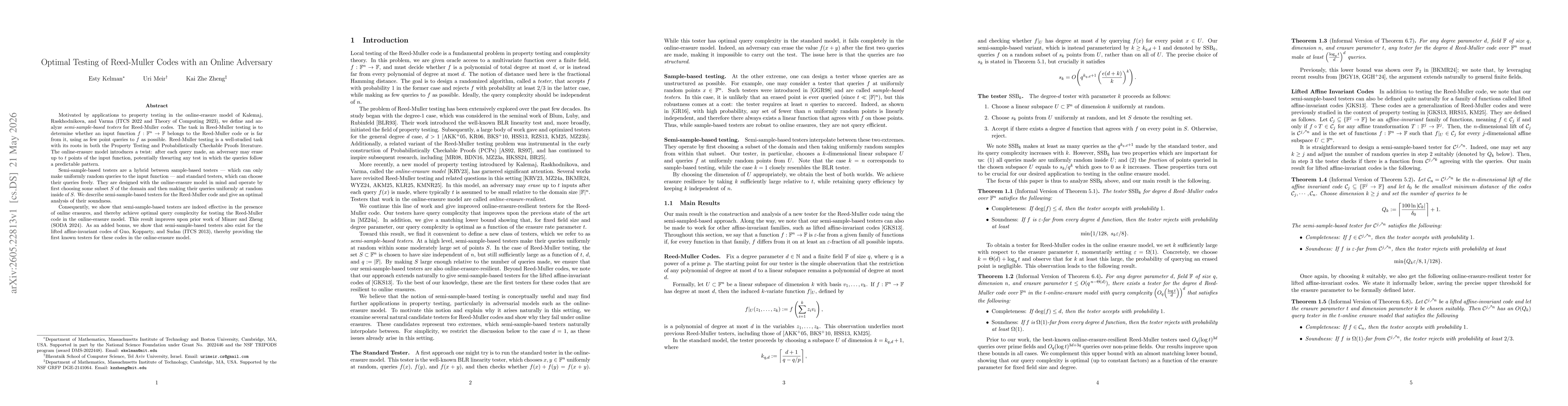 Thumbnail for Optimal Testing of Reed-Muller Codes with an Online Adversary