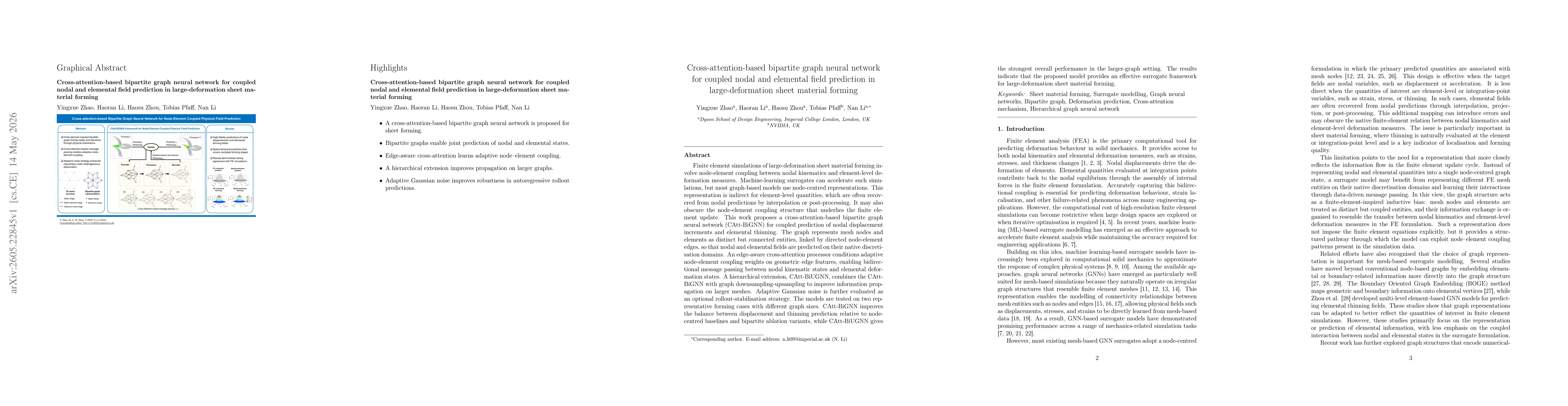 Thumbnail for Cross-attention-based bipartite graph neural network for coupled nodal and elemental field prediction in large-deformation sheet material forming