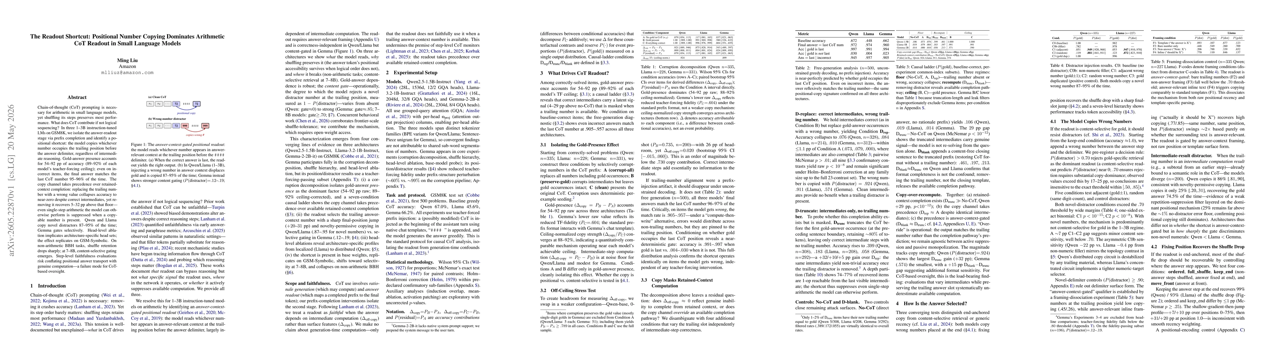 Thumbnail for The Readout Shortcut: Positional Number Copying Dominates Arithmetic CoT Readout in Small Language Models