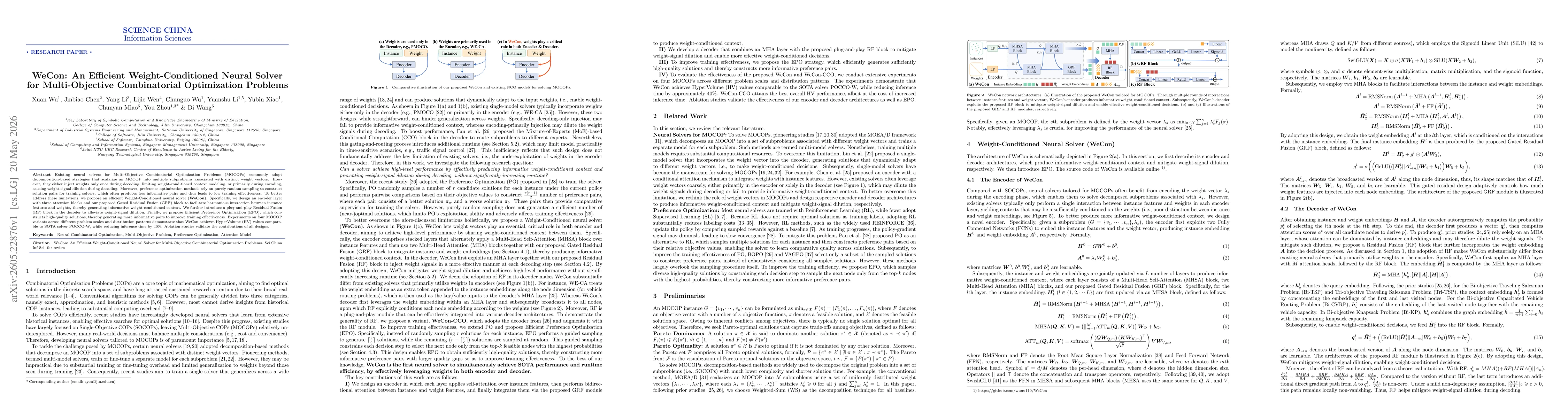 Thumbnail for WeCon: An Efficient Weight-Conditioned Neural Solver for Multi-Objective Combinatorial Optimization Problems