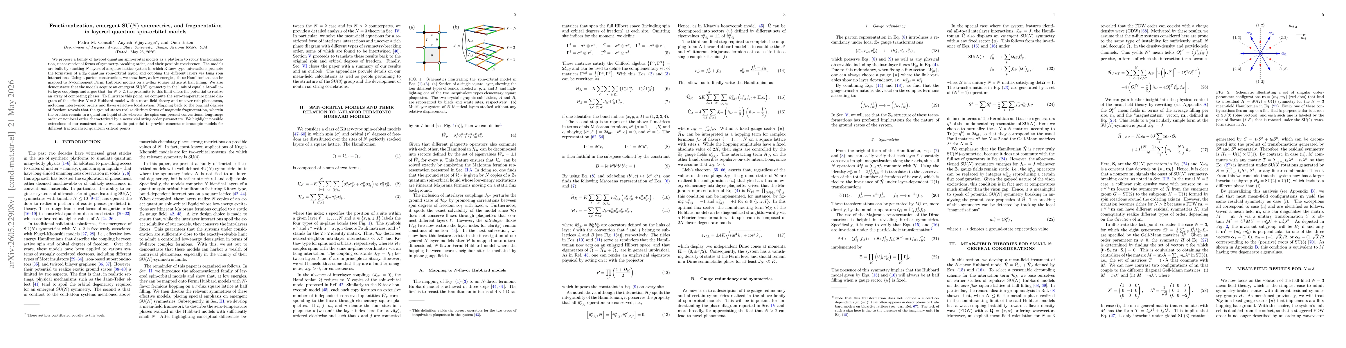 Thumbnail for Fractionalization, emergent SU($N$) symmetries, and fragmentation in layered quantum spin-orbital models