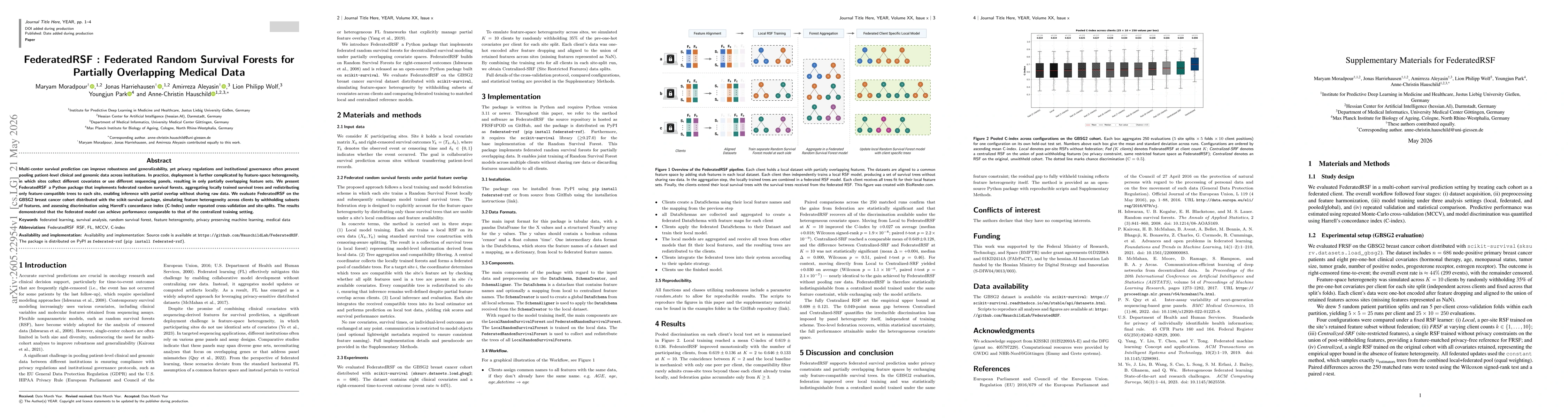 Thumbnail for FederatedRSF : Federated Random Survival Forests for Partially Overlapping Medical Data