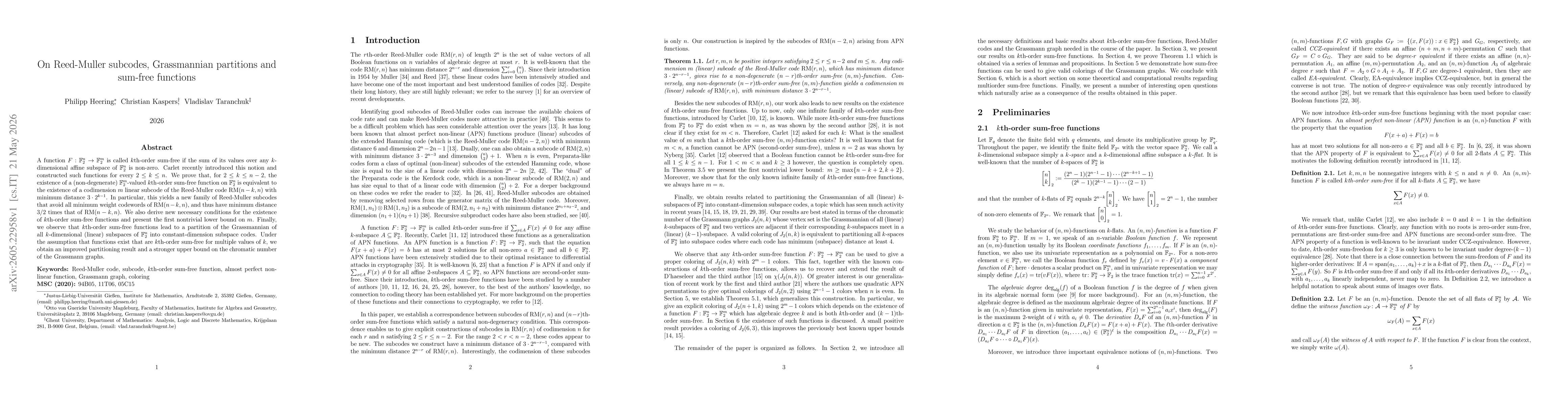 Thumbnail for On Reed-Muller subcodes, Grassmannian partitions and sum-free functions
