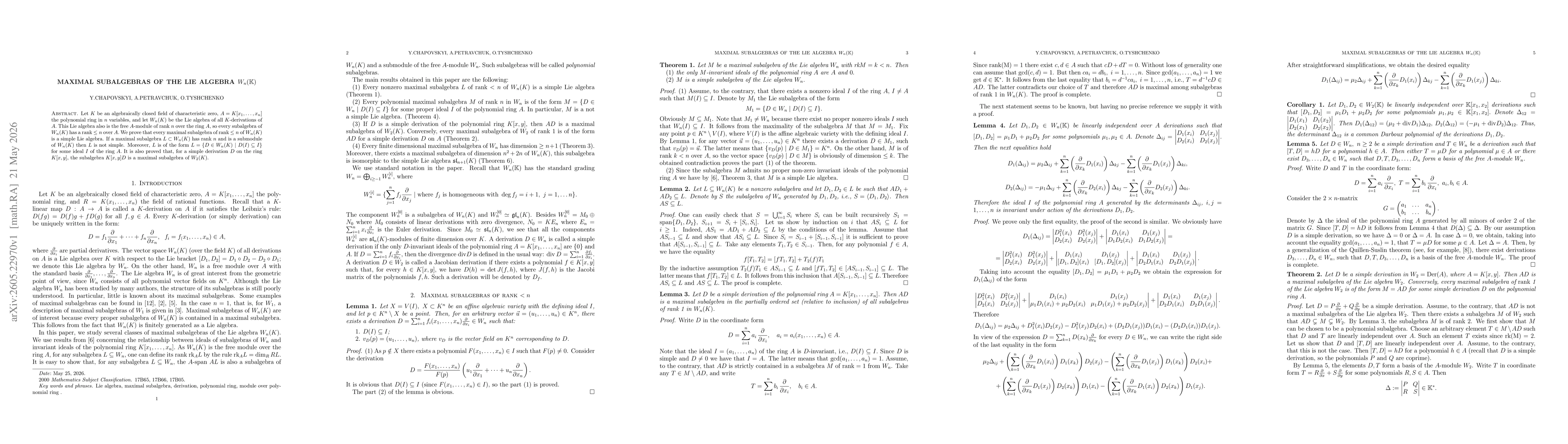 Thumbnail for Maximal subalgebras of the Lie algebra $W_n(\mathbb{K})$