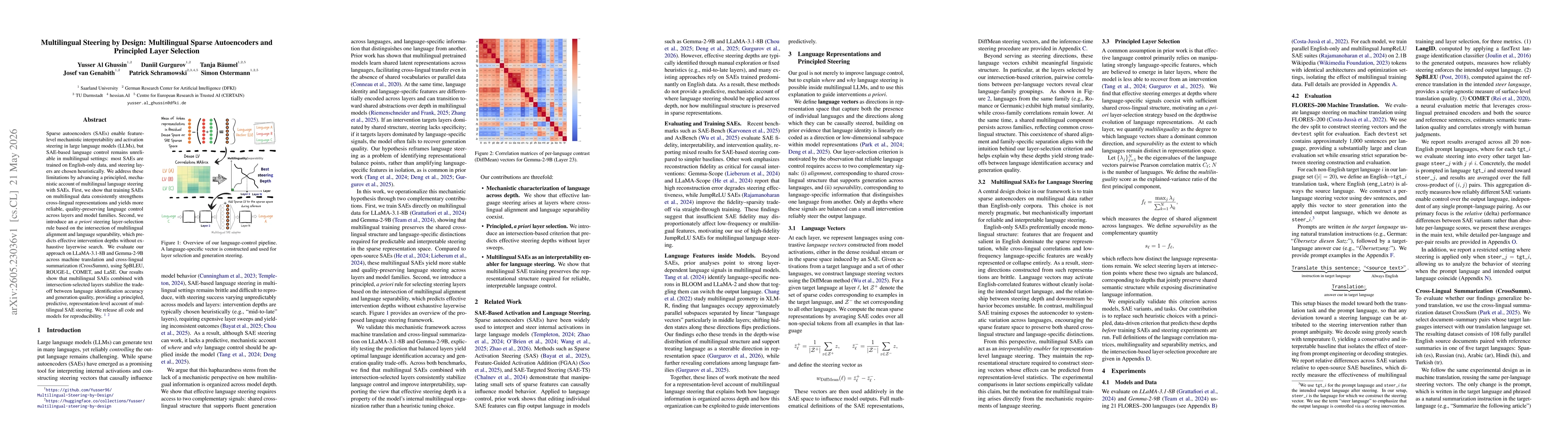 Thumbnail for Multilingual Steering by Design: Multilingual Sparse Autoencoders and Principled Layer Selection