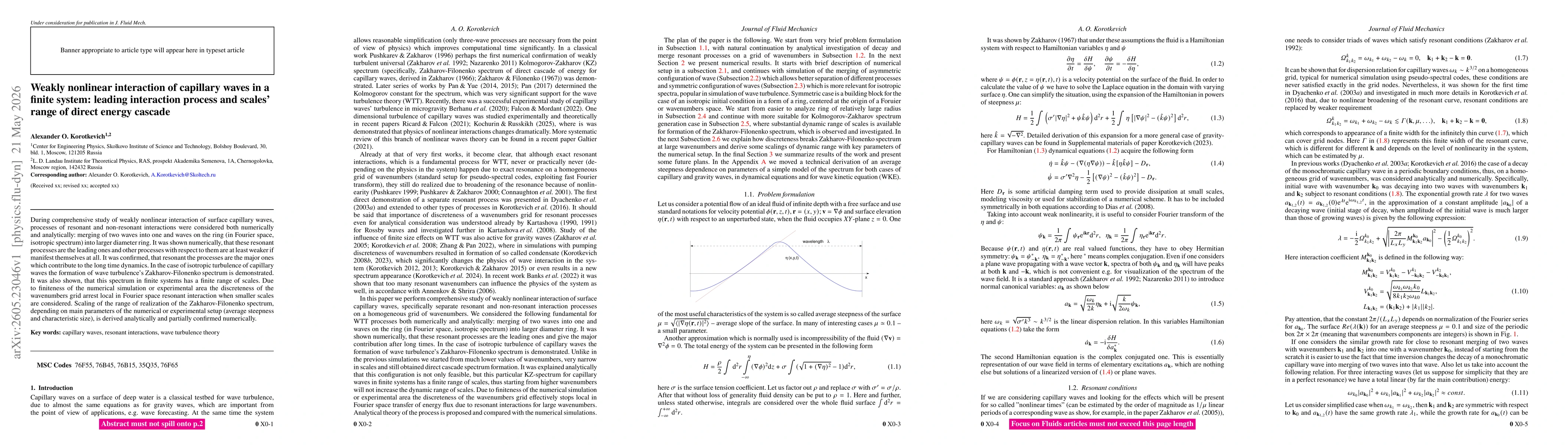 Thumbnail for Weakly nonlinear interaction of capillary waves in a finite system: leading interaction process and scales' range of direct energy cascade