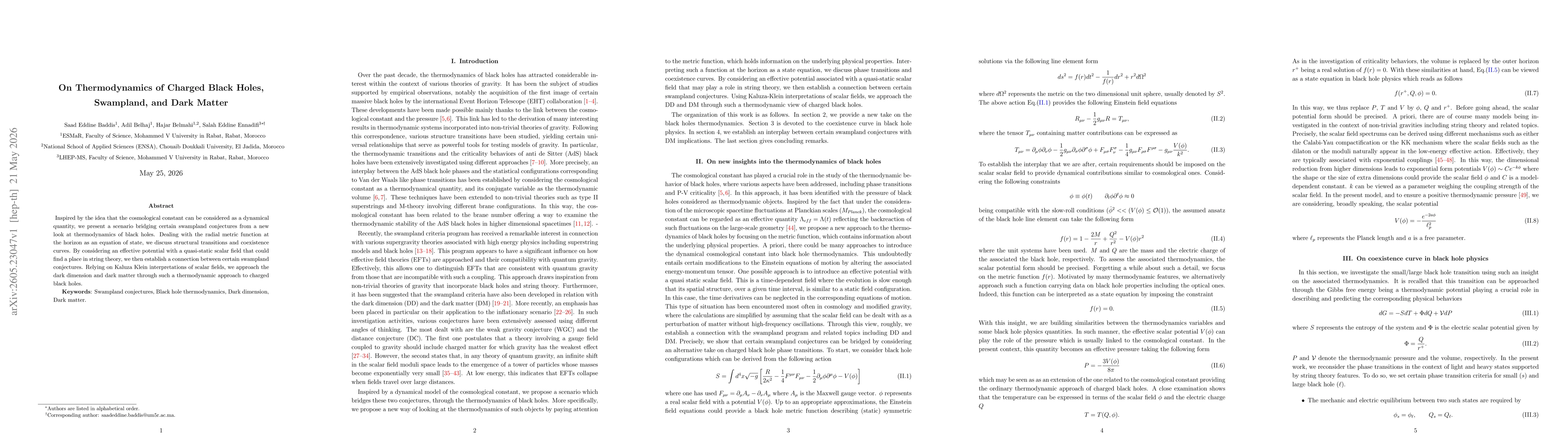 Thumbnail for On Thermodynamics of Charged Black Holes, Swampland, and Dark Matter