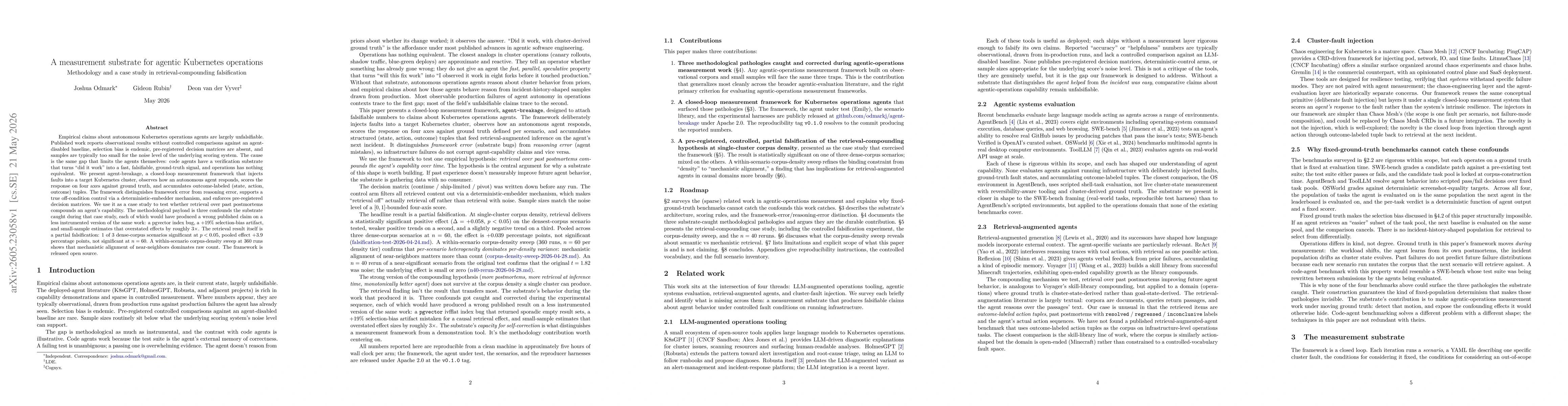 Thumbnail for A measurement substrate for agentic Kubernetes operations: Methodology and a case study in retrieval-compounding falsification