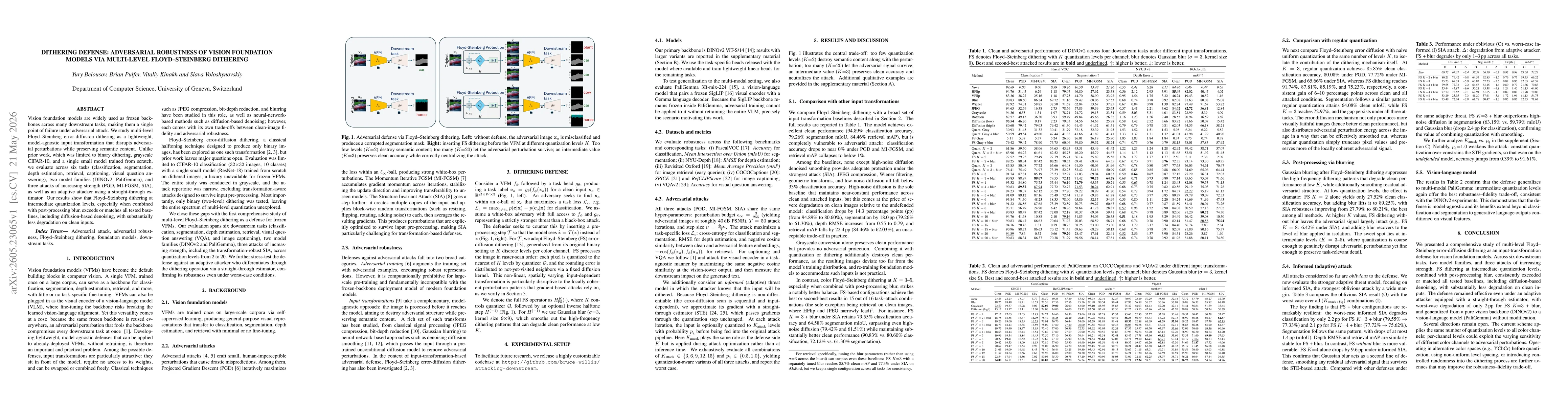 Thumbnail for Dithering Defense: Adversarial Robustness of Vision Foundation Models via Multi-Level Floyd-Steinberg Dithering