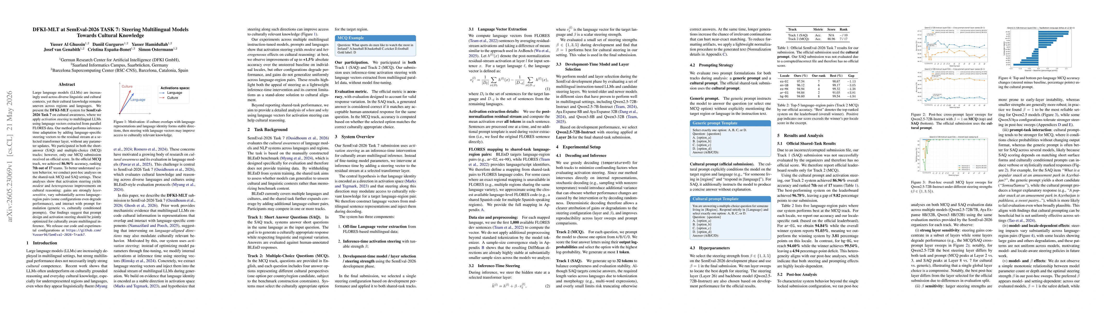 Thumbnail for DFKI-MLT at SemEval-2026 TASK 7: Steering Multilingual Models Towards Cultural Knowledge