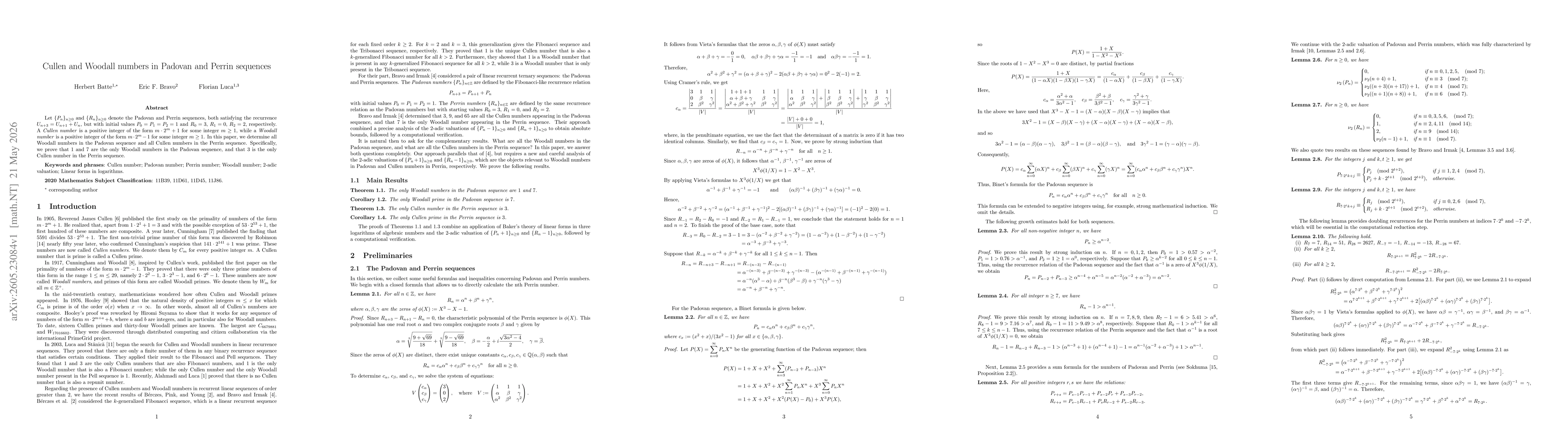 Thumbnail for Cullen and Woodall numbers in Padovan and Perrin sequences