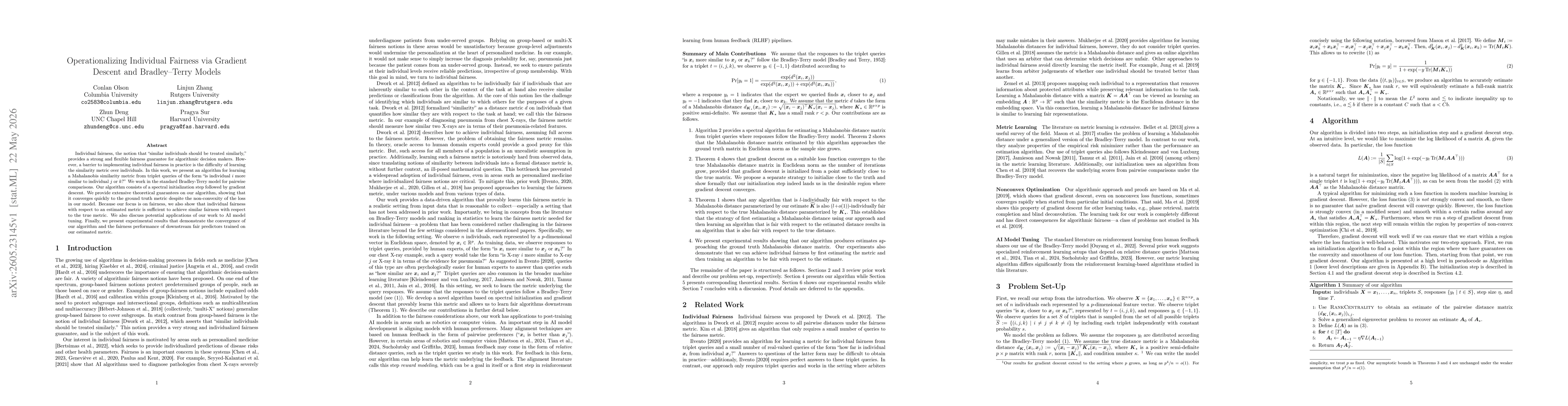Thumbnail for Operationalizing Individual Fairness via Gradient Descent and Bradley-Terry Models