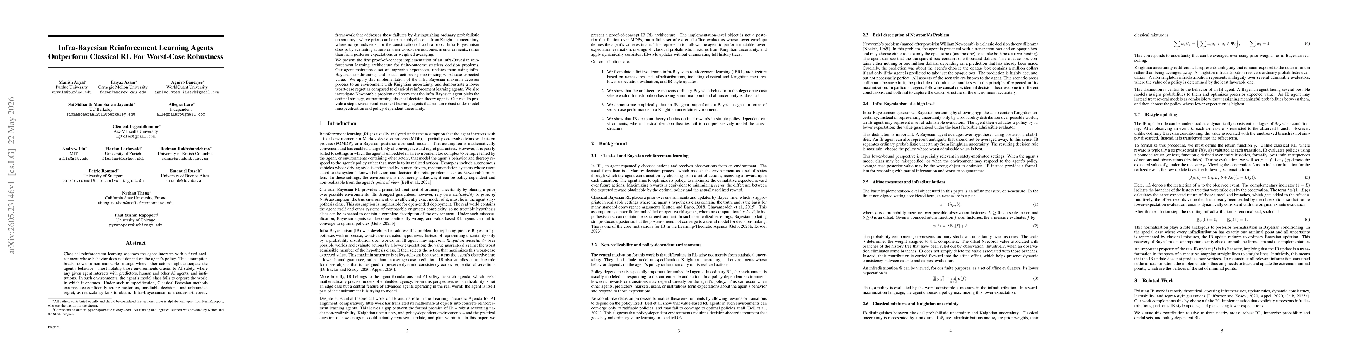 Thumbnail for Infra-Bayesian Reinforcement Learning Agents Outperform Classical RL For Worst-Case Robustness