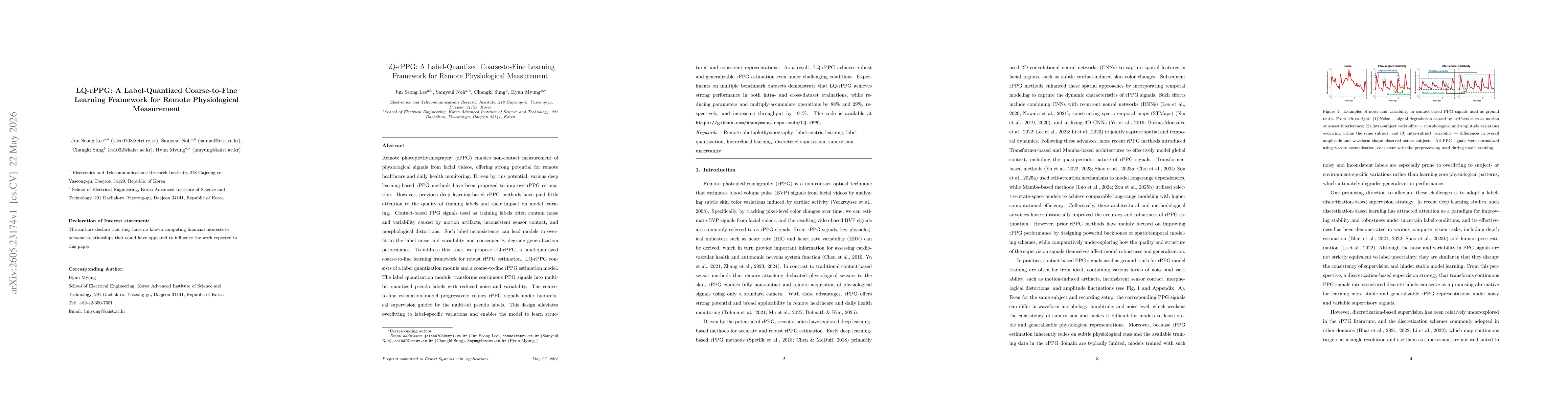 Thumbnail for LQ-rPPG: A Label-Quantized Coarse-to-Fine Learning Framework for Remote Physiological Measurement