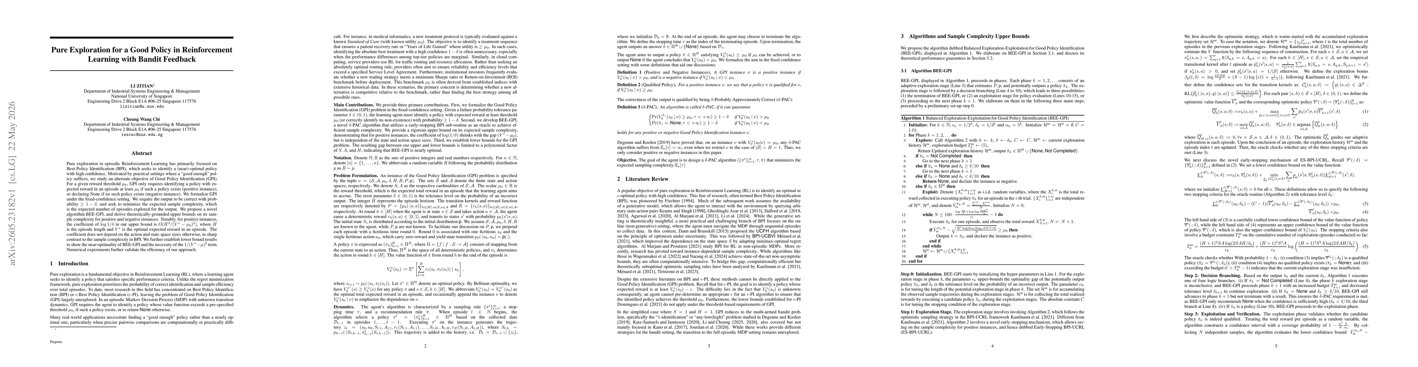 Thumbnail for Pure Exploration for a Good Policy in Reinforcement Learning with Bandit Feedback