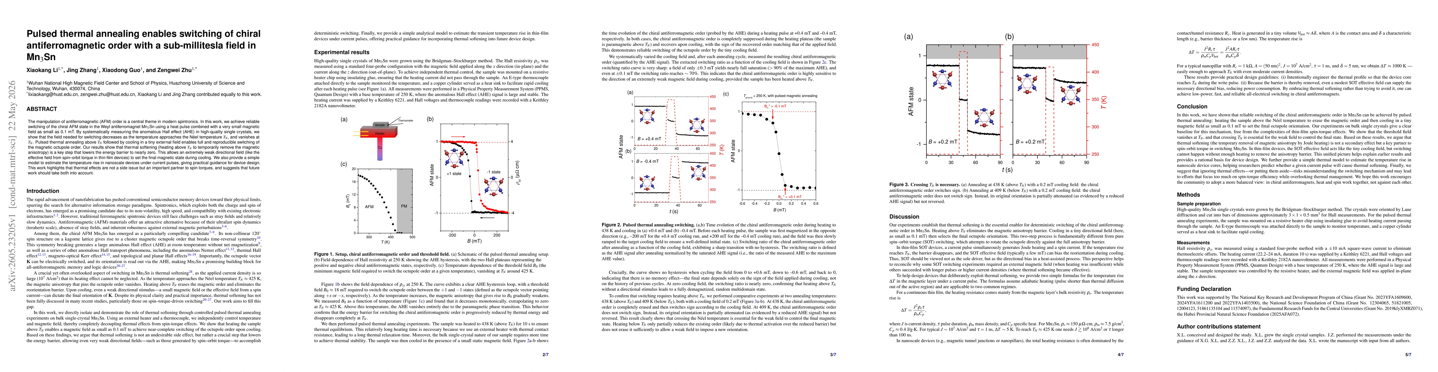 Thumbnail for Pulsed thermal annealing enables switching of chiral antiferromagnetic order with a sub-millitesla field in Mn$_3$Sn