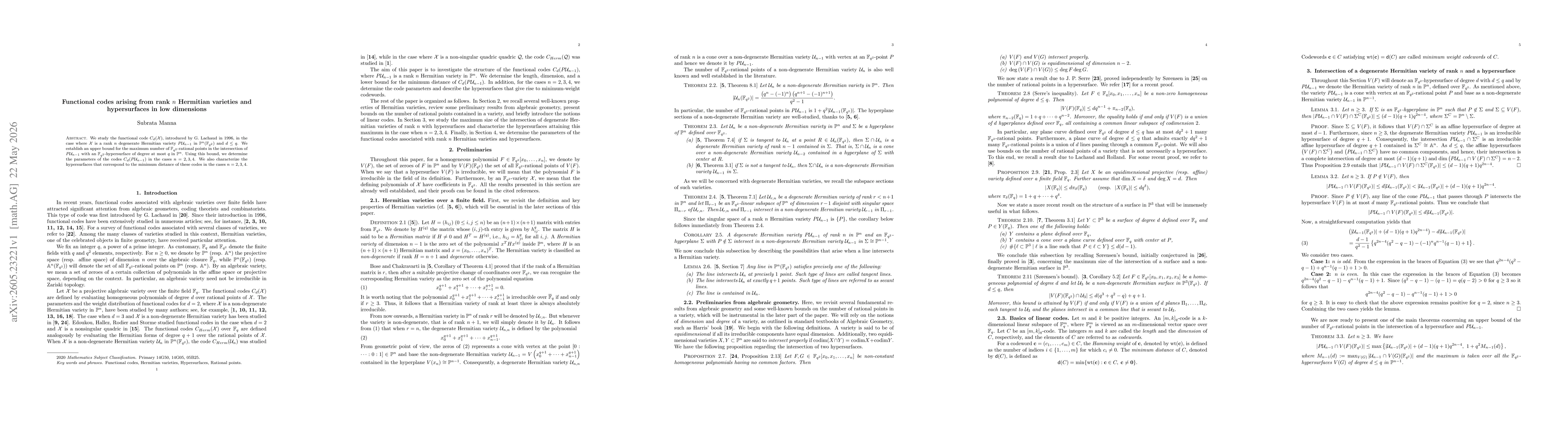 Thumbnail for Functional codes arising from rank $n$ Hermitian varieties and hypersurfaces in low dimensions