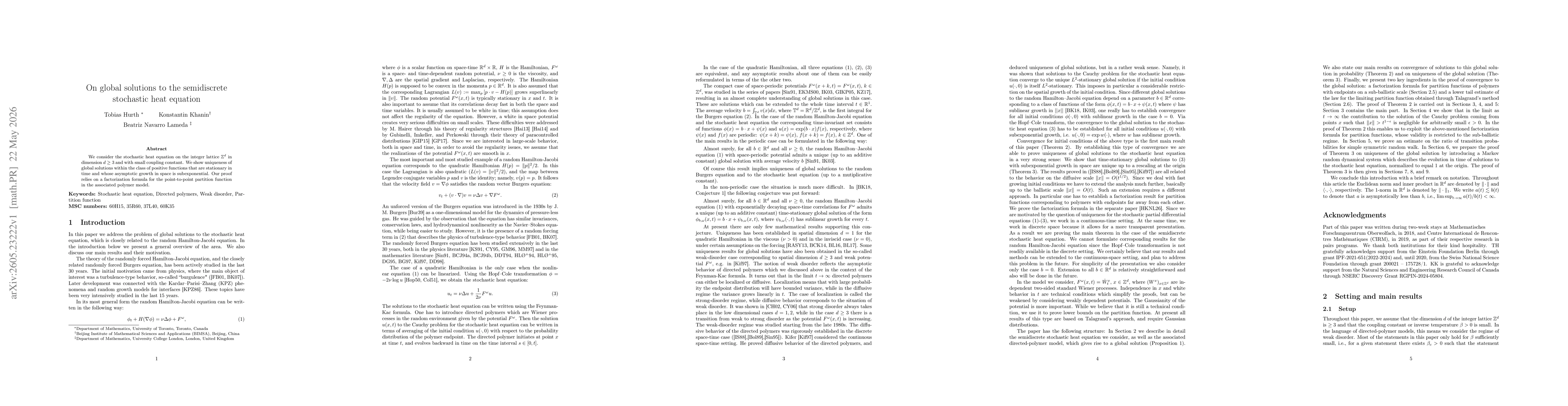 Thumbnail for On global solutions to the semidiscrete stochastic heat equation