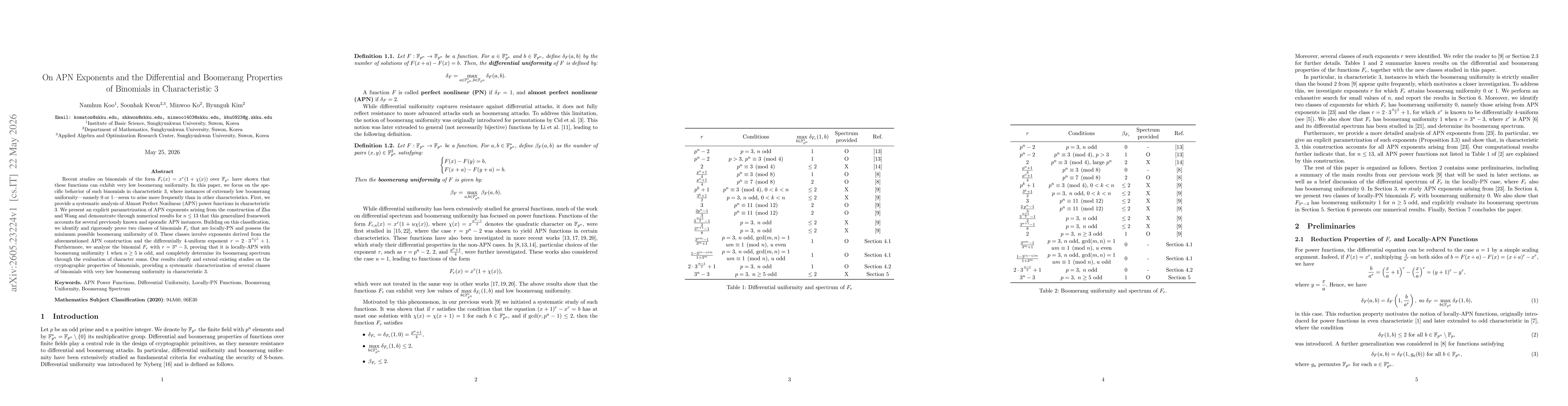 Thumbnail for On APN Exponents and the Differential and Boomerang Properties of Binomials in Characteristic 3