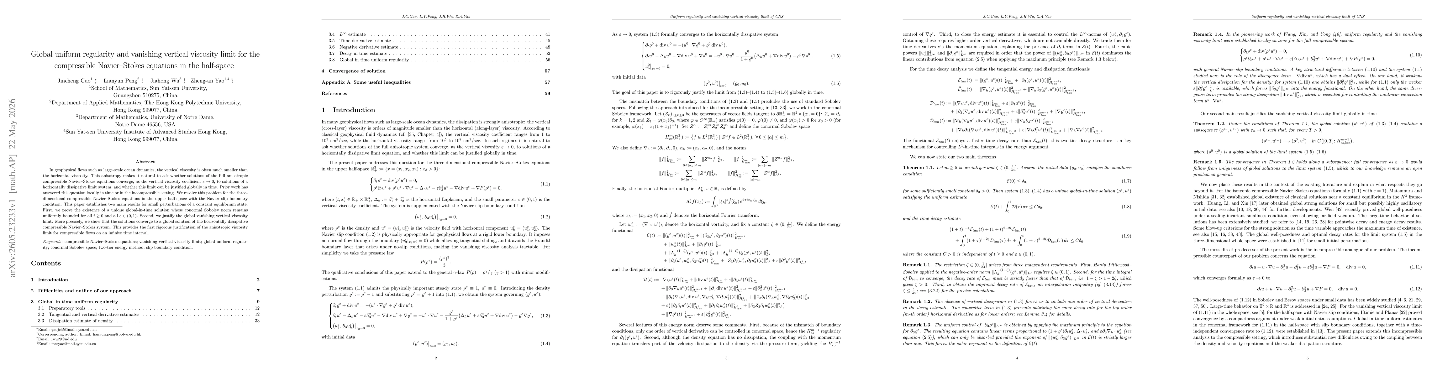 Thumbnail for Global uniform regularity and vanishing vertical viscosity limit for the compressible Navier--Stokes equations in the half-space