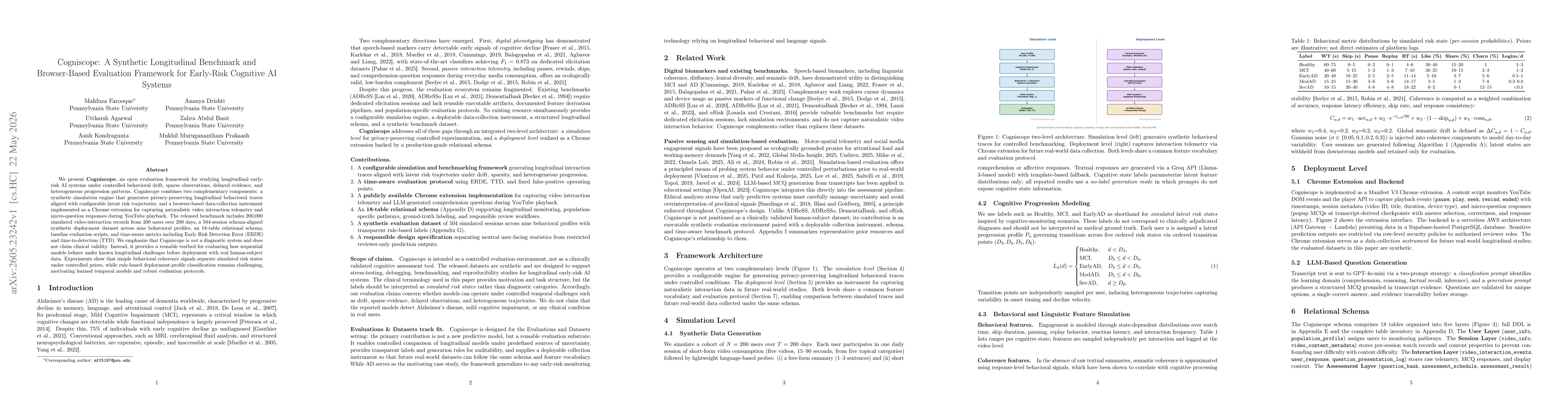 Thumbnail for Cogniscope: A Synthetic Longitudinal Benchmark and Browser-Based Evaluation Framework for Early-Risk Cognitive AI Systems