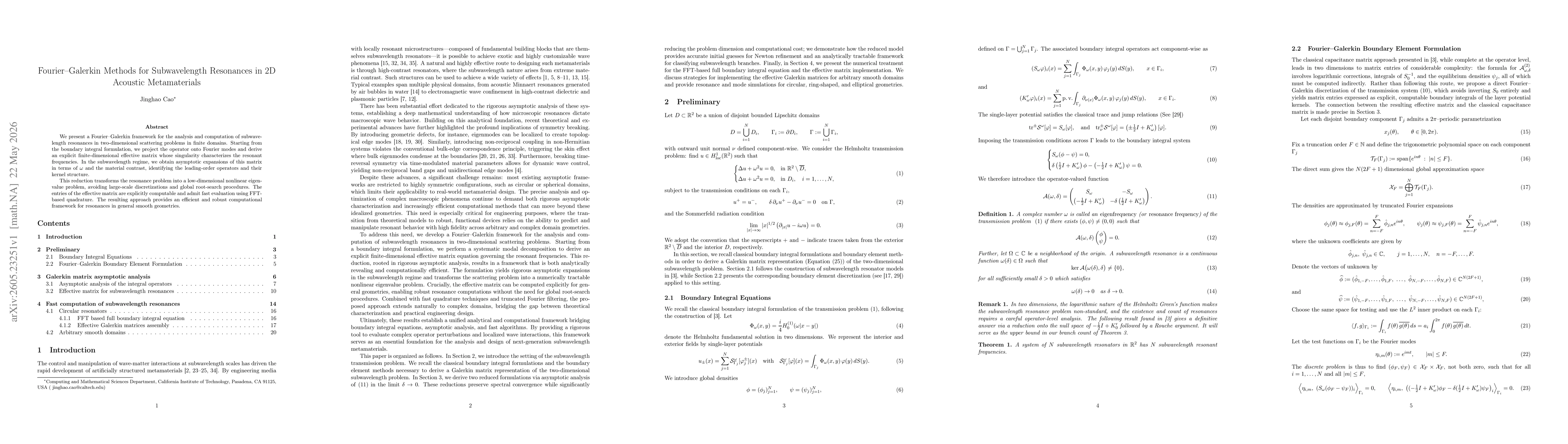 Thumbnail for Fourier--Galerkin Methods for Subwavelength Resonances in 2D Acoustic Metamaterials
