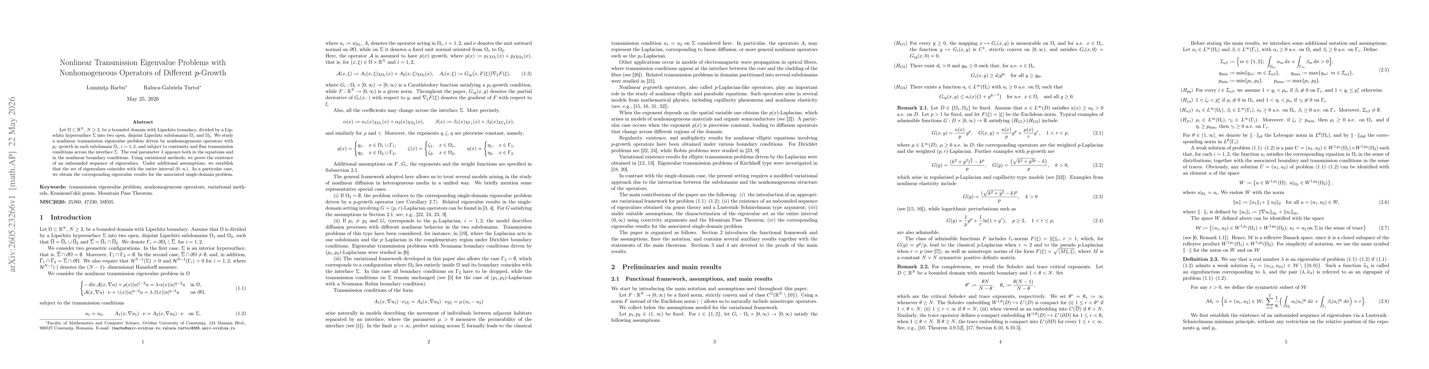 Thumbnail for Nonlinear Transmission Eigenvalue Problems with Nonhomogeneous Operators of Different p-Growth