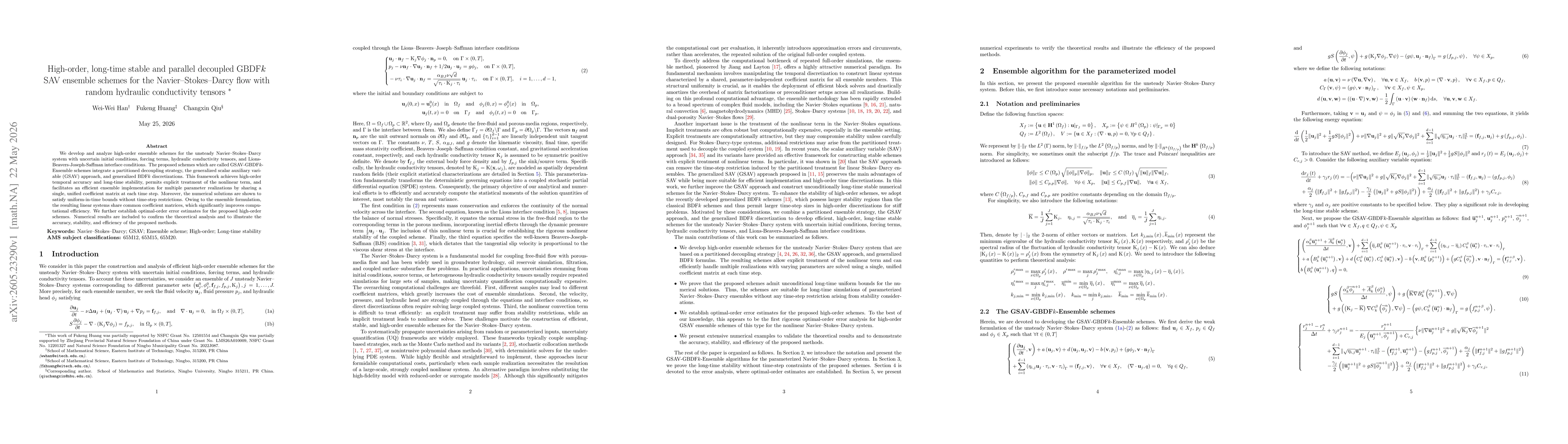 Thumbnail for High-order, long-time stable and parallel decoupled GBDF$k$ SAV ensemble schemes for the Navier--Stokes--Darcy flow with random hydraulic conductivity tensors