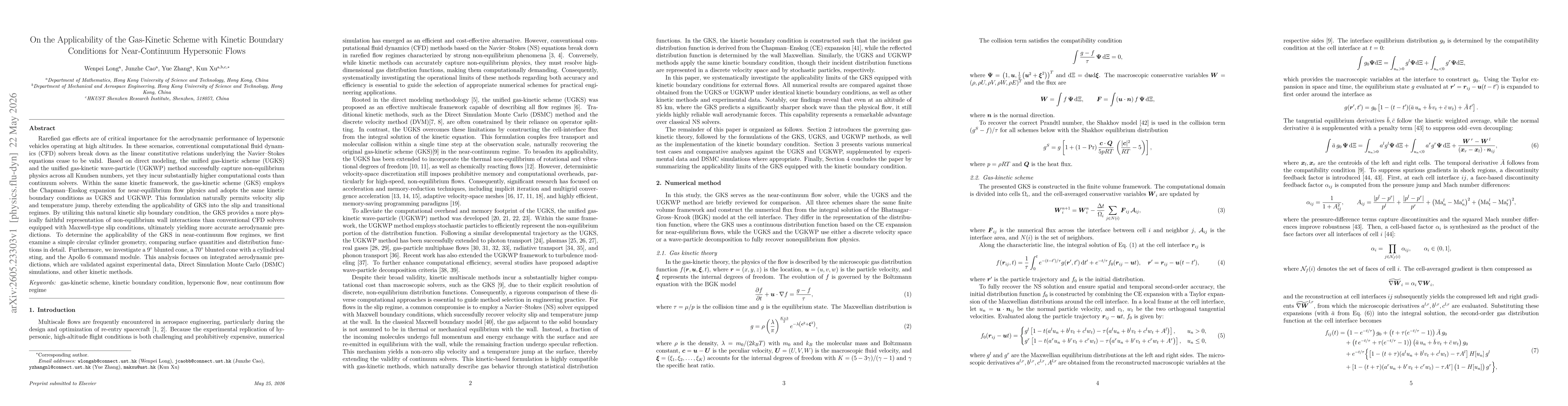Thumbnail for On the Applicability of the Gas-Kinetic Scheme with Kinetic Boundary Conditions for Near-Continuum Hypersonic Flows