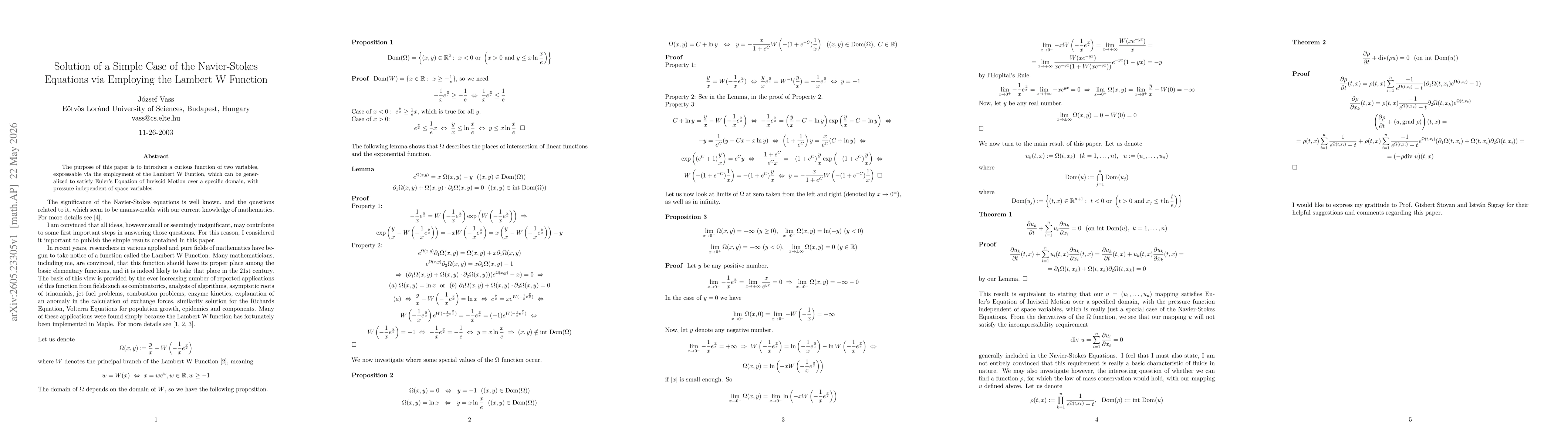 Thumbnail for Solution of a Simple Case of the Navier-Stokes Equations via Employing the Lambert W Function