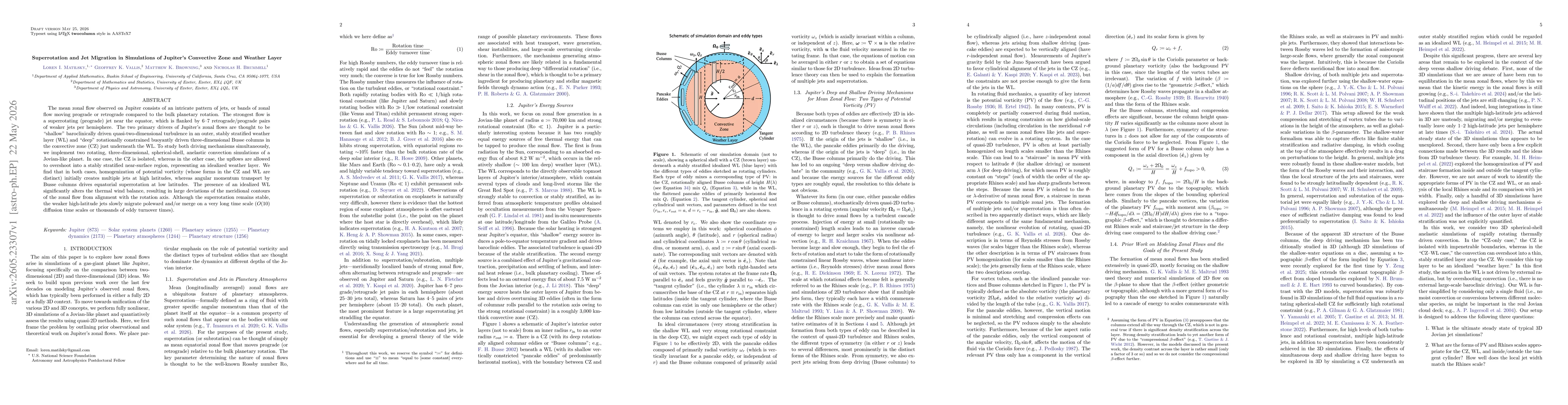Thumbnail for Superrotation and Jet Migration in Simulations of Jupiter's Convective Zone and Weather Layer
