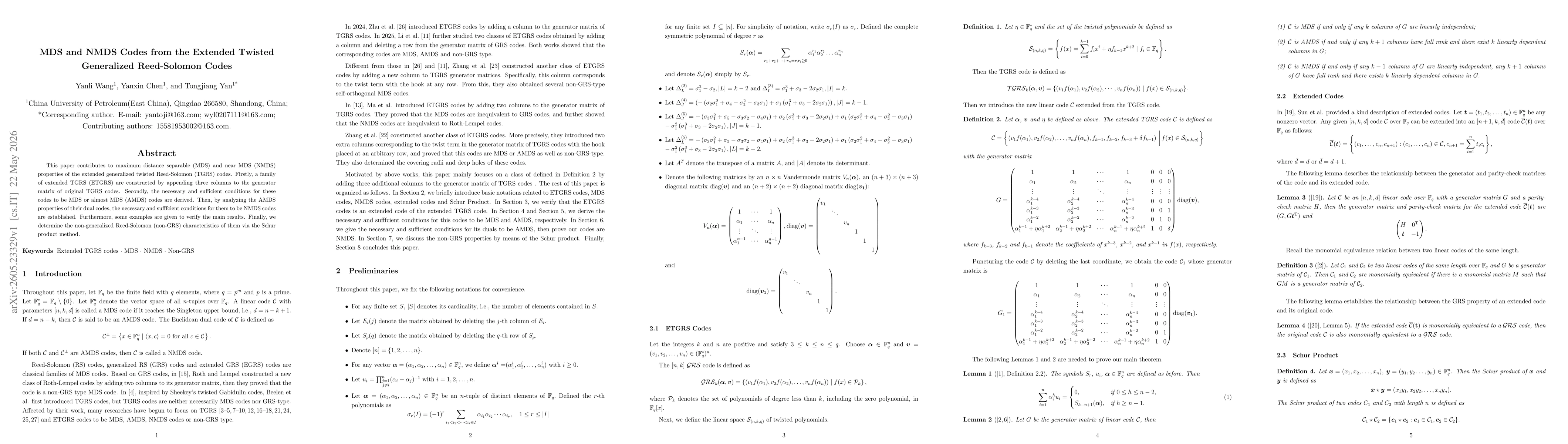 Thumbnail for MDS and NMDS Codes from the Extended Twisted Generalized Reed-Solomon Codes