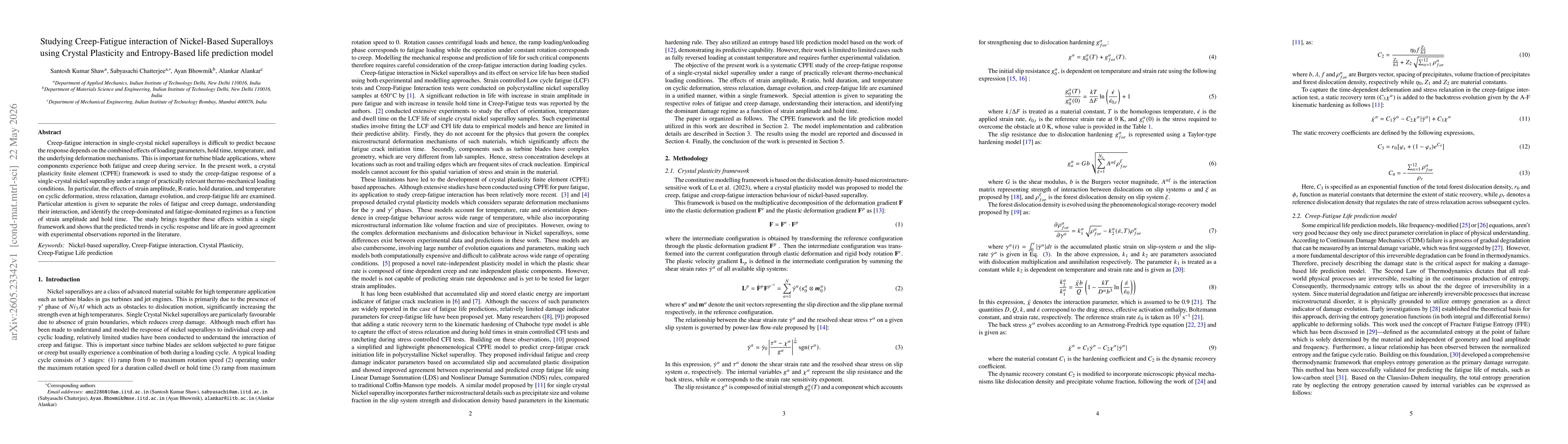 Thumbnail for Studying Creep-Fatigue interaction of Nickel-Based Superalloys using Crystal Plasticity and Entropy-Based life prediction model