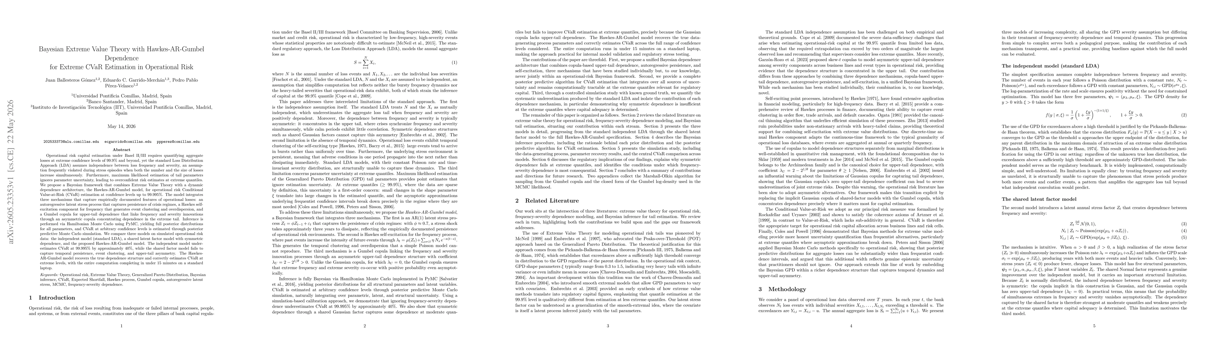 Thumbnail for Bayesian Extreme Value Theory with Hawkes-AR-Gumbel Dependence for Extreme CVaR Estimation in Operational Risk