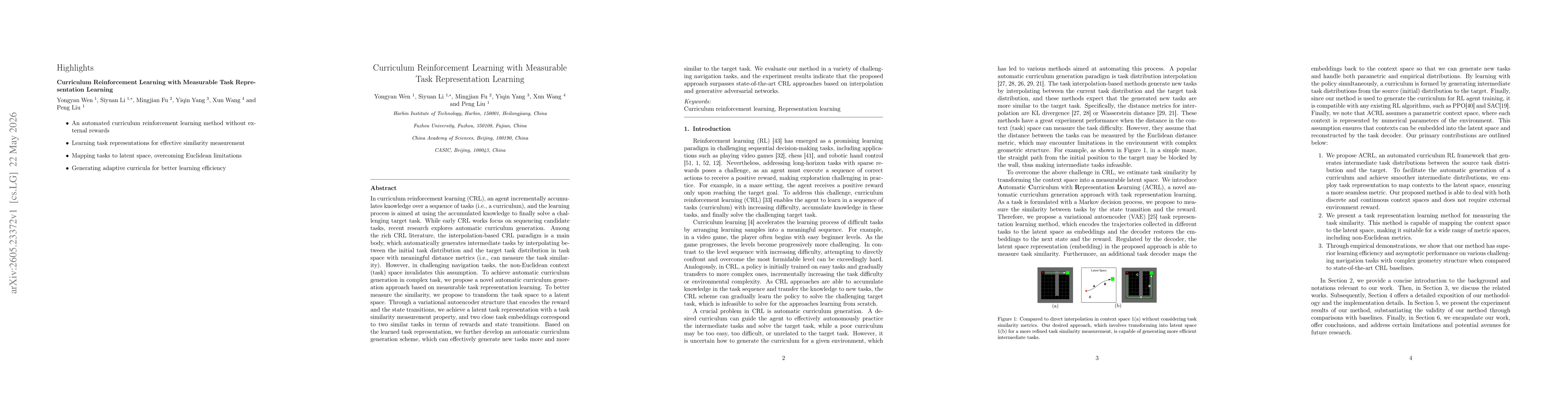 Thumbnail for Curriculum reinforcement learning with measurable task representation learning