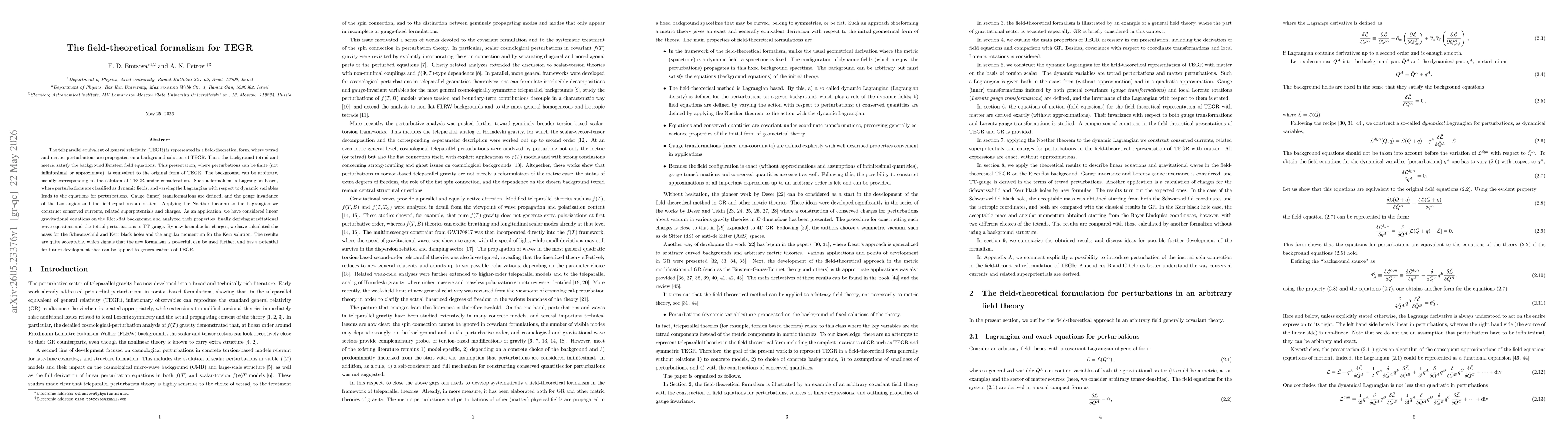 Thumbnail for The field-theoretical formalism for TEGR