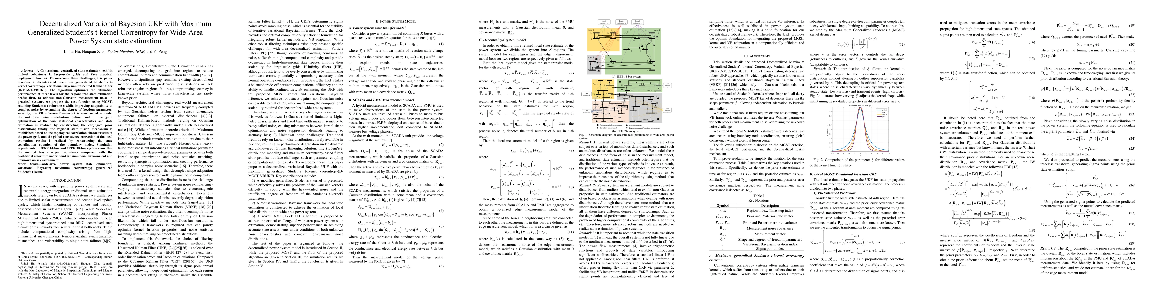 Thumbnail for Decentralized Variational Bayesian UKF with Maximum Generalized Student's t-kernel Correntropy for Wide-Area Power System state estimation