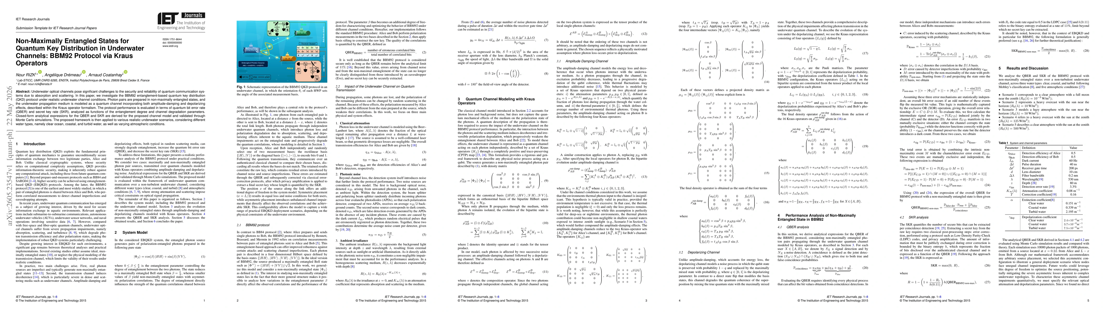 Thumbnail for Non-Maximally Entangled States for Quantum Key Distribution in Underwater Channels: BBM92 Protocol via Kraus Operators