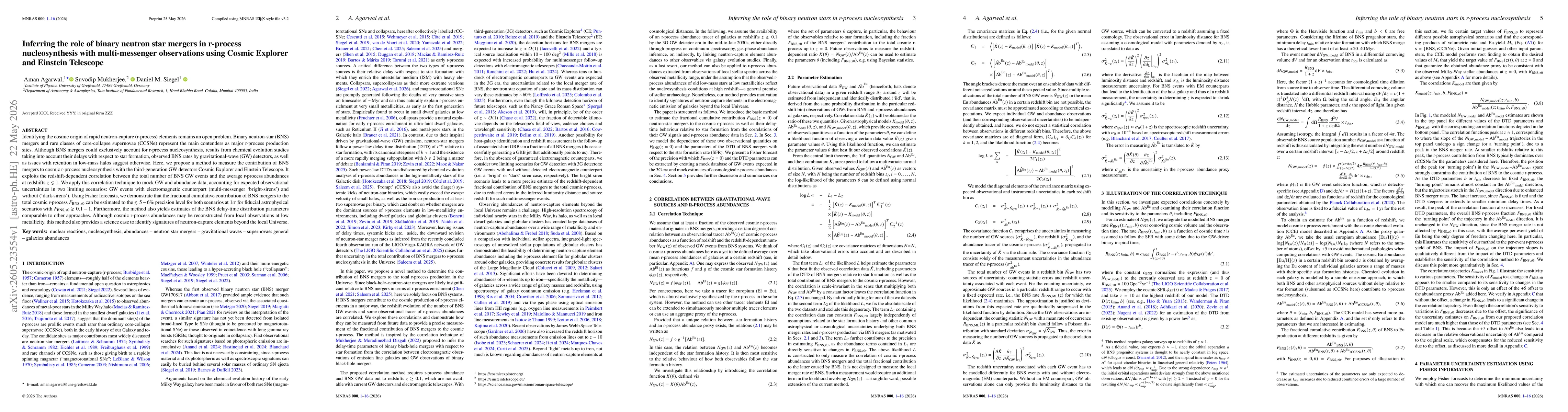 Thumbnail for Inferring the role of binary neutron star mergers in r-process nucleosynthesis with multi-messenger observations using Cosmic Explorer and Einstein Telescope