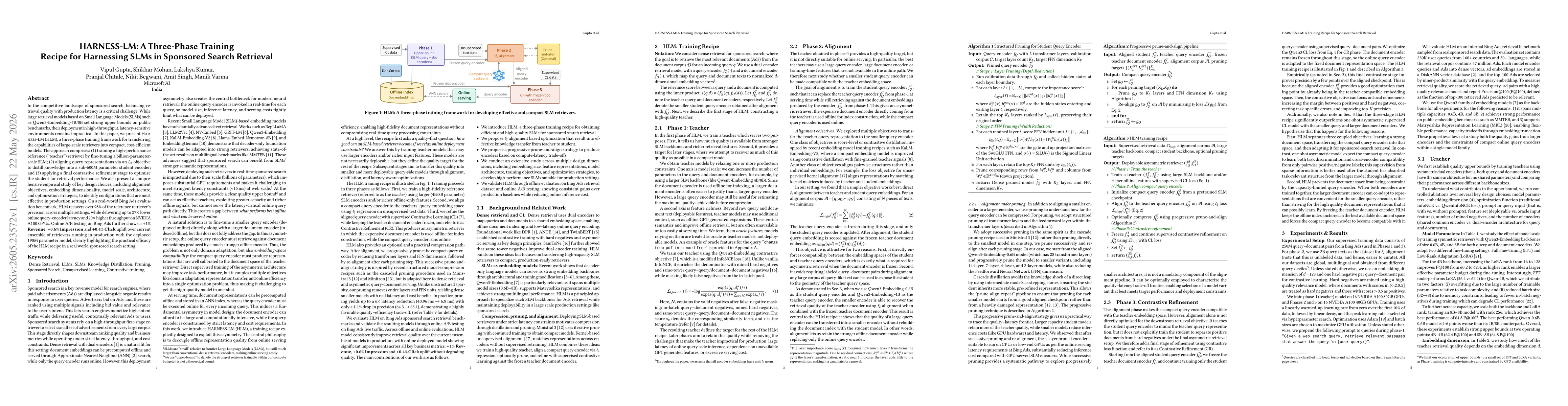 Thumbnail for HARNESS-LM: A Three-Phase Training Recipe for Harnessing SLMs in Sponsored Search Retrieval