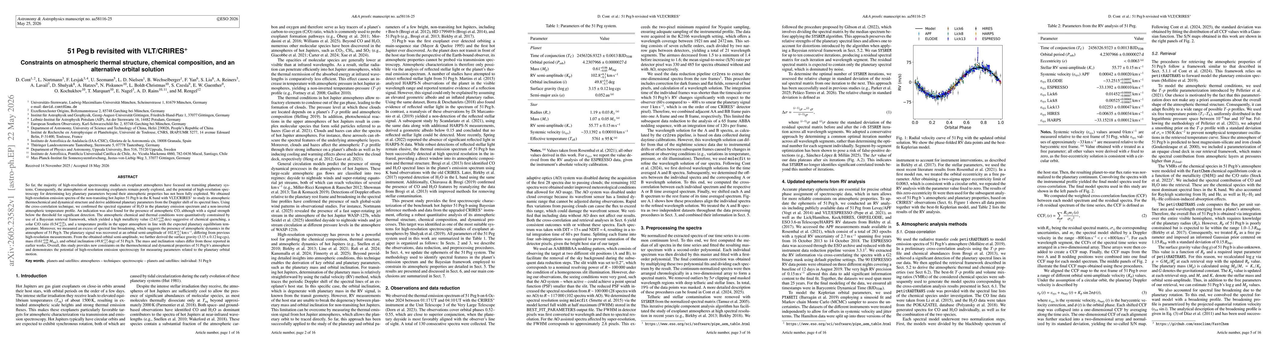 Thumbnail for 51 Peg b revisited with VLT/CRIRES+. Constraints on atmospheric thermal structure, chemical composition, and an alternative orbital solution