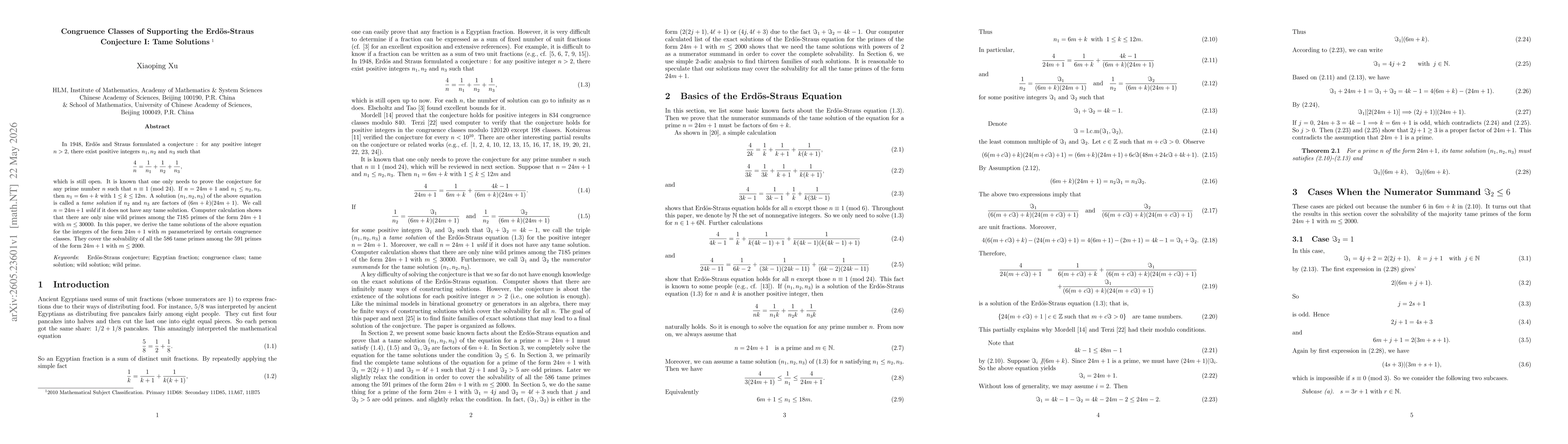 Thumbnail for Congruence Classes of Supporting the Erdös-Straus Conjecture I: Tame Solutions