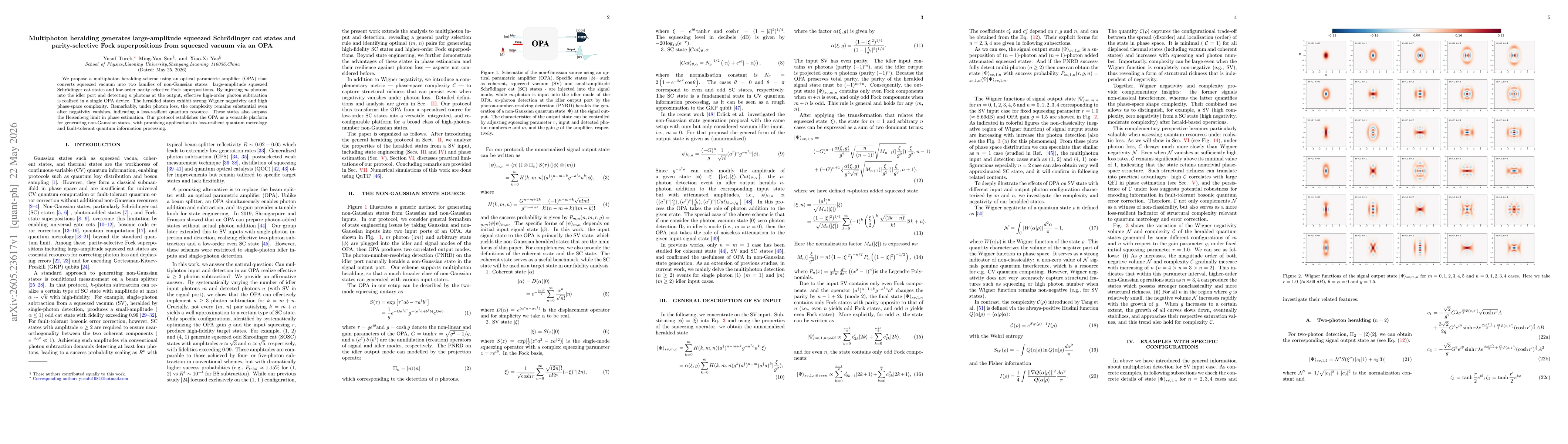 Thumbnail for Multiphoton heralding generates large-amplitude squeezed Schrödinger cat states and parity-selective Fock superpositions from squeezed vacuum via an OPA